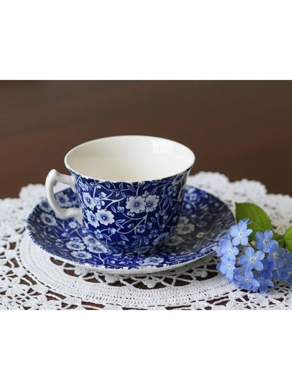 Calico Teacup Set Navy Blue & White Floral Cup & Saucer Set Staffordshire Englan